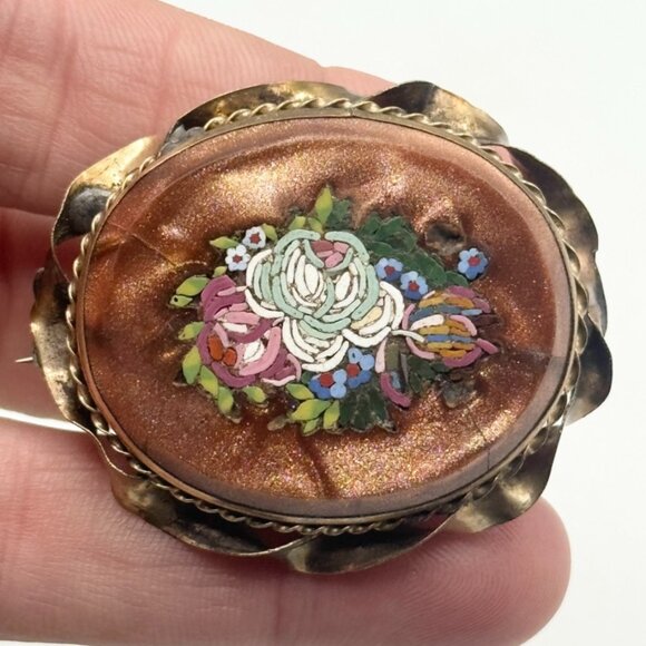 Antique Victorian Goldstone Micro Mosaic Bezel Brooch Pin - Picture 1 of 7